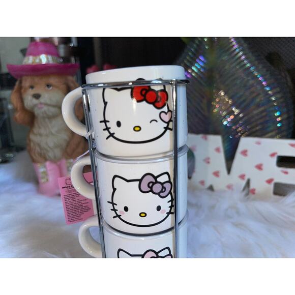 Set of Four Sanrio Hello Kitty 3oz Stacking Espresso Mugs in a Stacked Tower - Picture 5 of 8